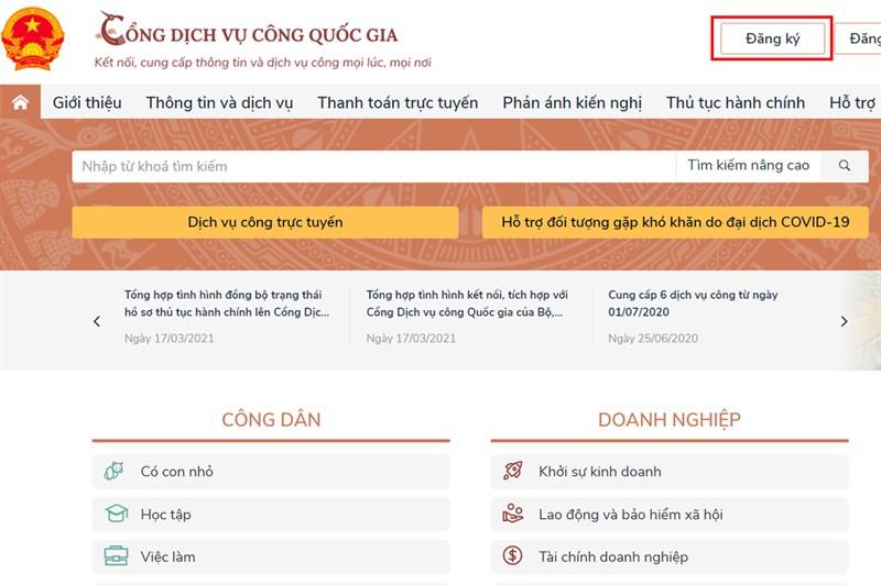 Đăng ký tài khoản Cổng Dịch vụ Công Quốc gia