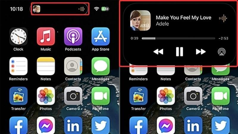 Dynamic Island hiển thị hoạt động ứng dụng ph&aacute;t nhạc ở chế độ nền