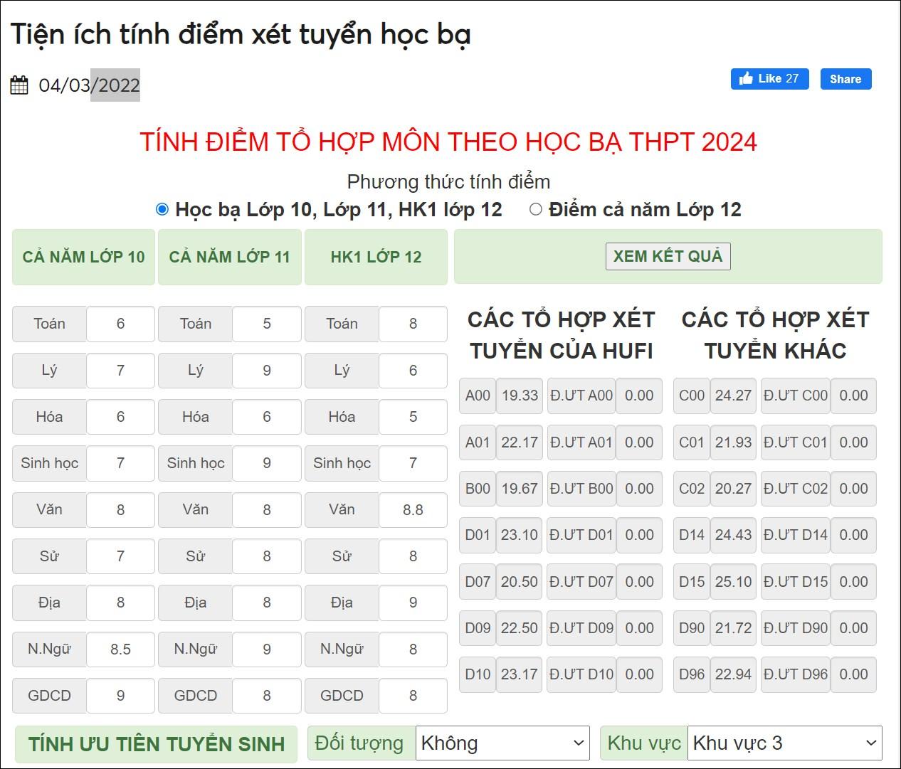 Web tính điểm xét học bạ