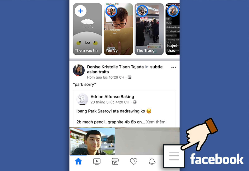 alt mô tả bước 1: mở menu cài đặt trên facebook