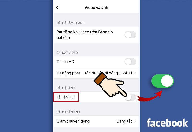 alt mô tả bước 4: bật tải lên HD cho ảnh và video