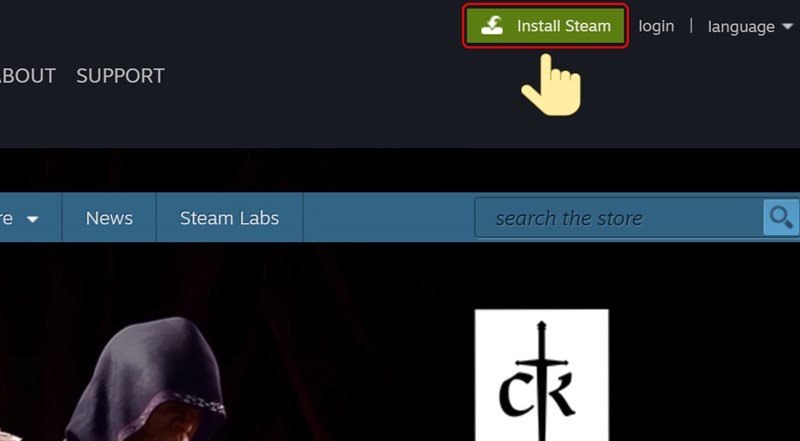 alt: Nút Install Steam trên trang chủ