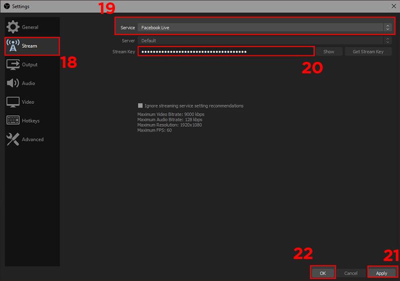 alt text: Cài đặt Stream Key trong OBS Studio