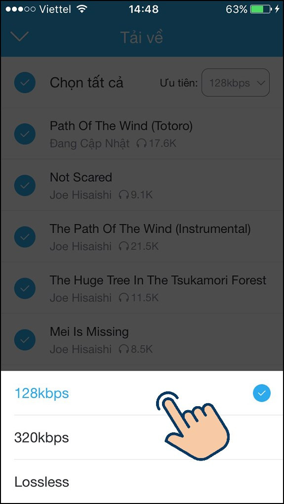 alt text: Chọn chất lượng nhạc 128kbps hoặc 320kbps