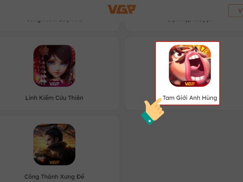 alt text: Chọn game Tam Giới Anh Hùng trên trang nạp VGP