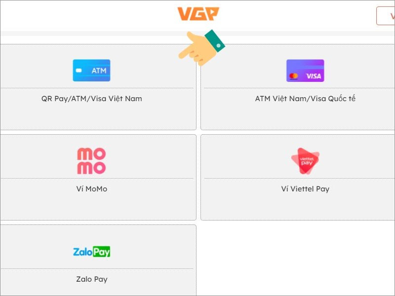 alt text: Chọn hình thức thanh toán nạp Vxu