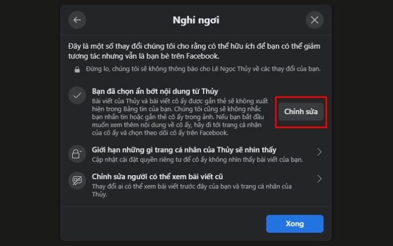 Alt text: Chọn mục chỉnh sửa để hủy giảm tương tác