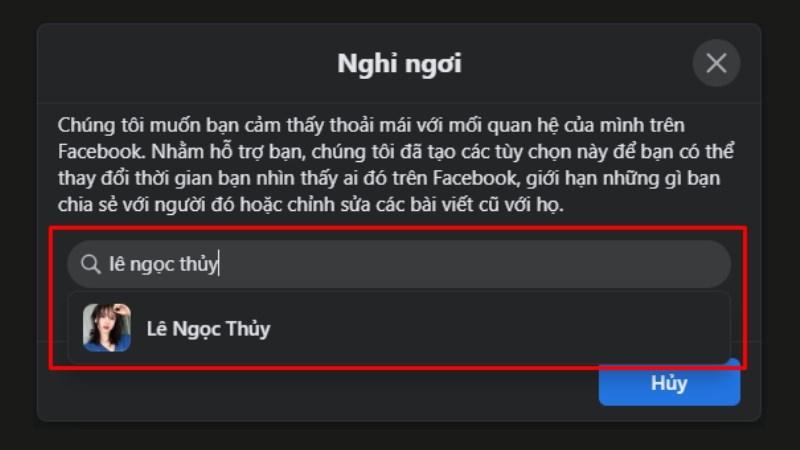 Alt text: Chọn tên người muốn hủy giảm tương tác