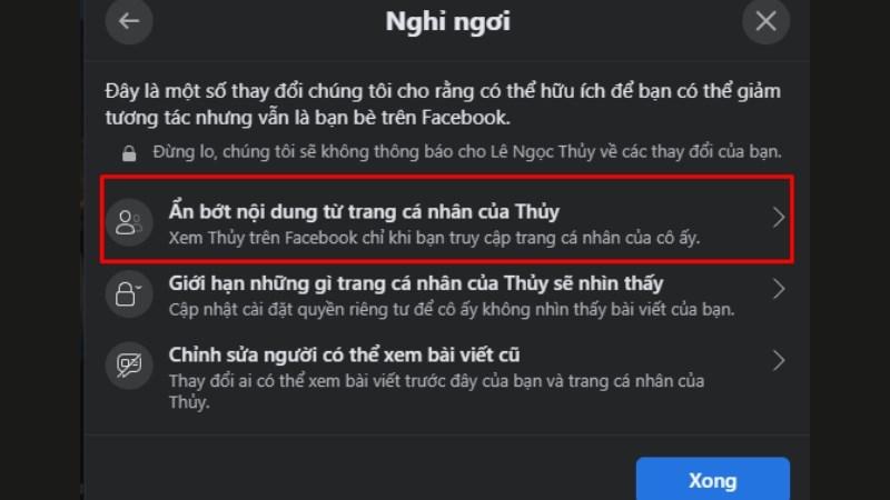 Alt text: Giới hạn hoạt động của người bạn muốn giảm tương tác