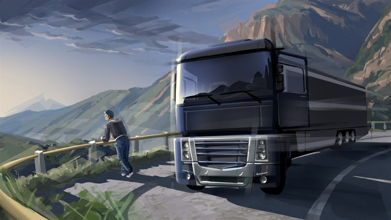 alt text: Hình ảnh gameplay Euro Truck Simulator 2 với chiếc xe tải đang di chuyển trên đường cao tốc