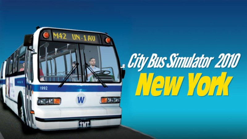 alt text: Hình ảnh trong game City Bus Simulator với chiếc xe buýt đang di chuyển trên đường phố New York