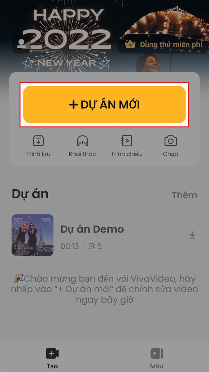 alt text: Mở ứng dụng VivaVideo và chọn DỰ ÁN MỚI