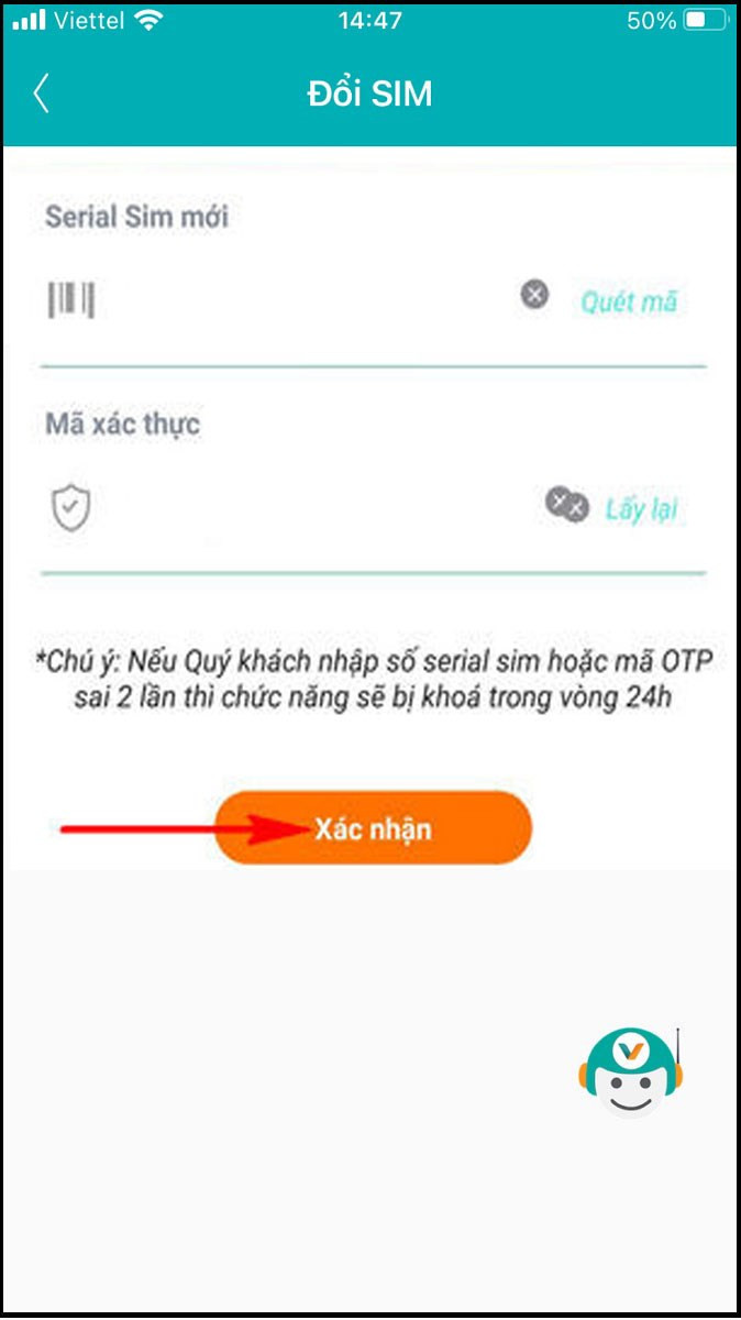 alt text: Nhập seri sim và mã xác thực