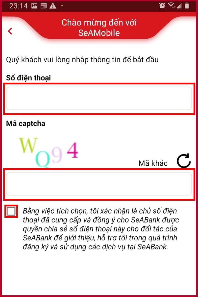 alt text: Nhập số điện thoại đăng ký tài khoản SeABank