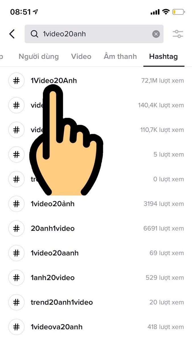 alt text: Tìm kiếm hashtag #1Video20Anh trên TikTok