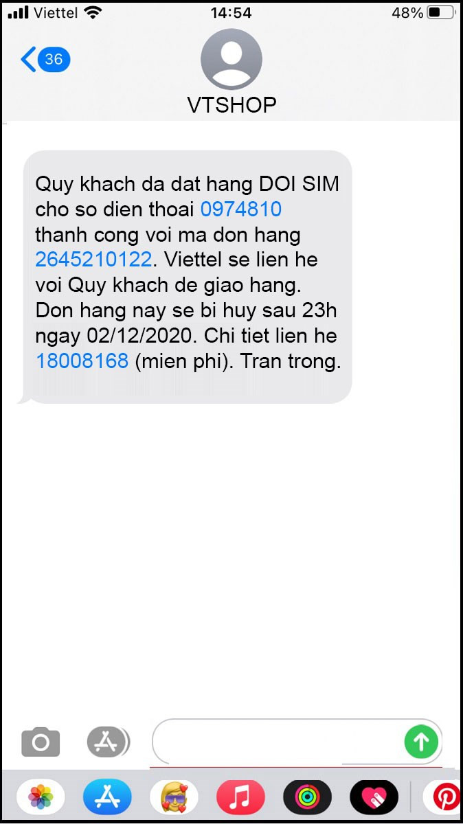 alt text: Tin nhắn từ VTSHOP