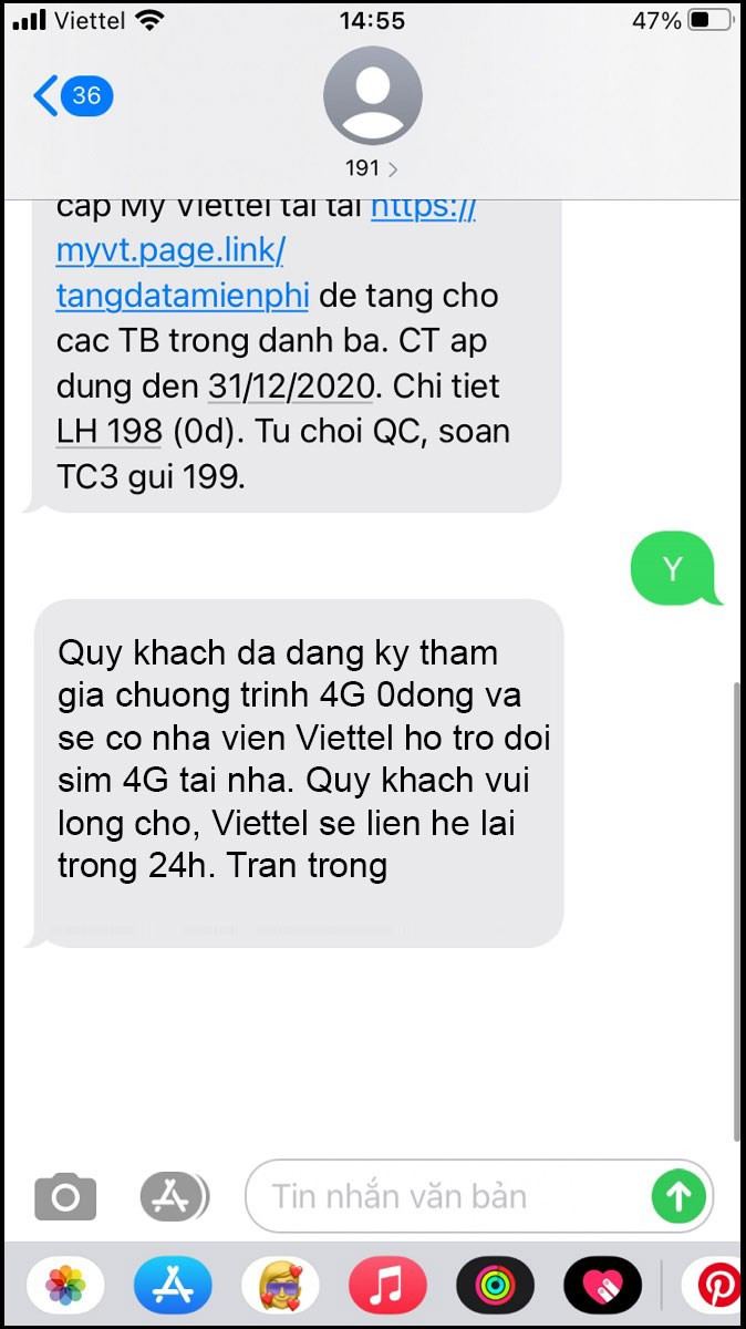 alt text: Tin nhắn xác nhận đổi sim