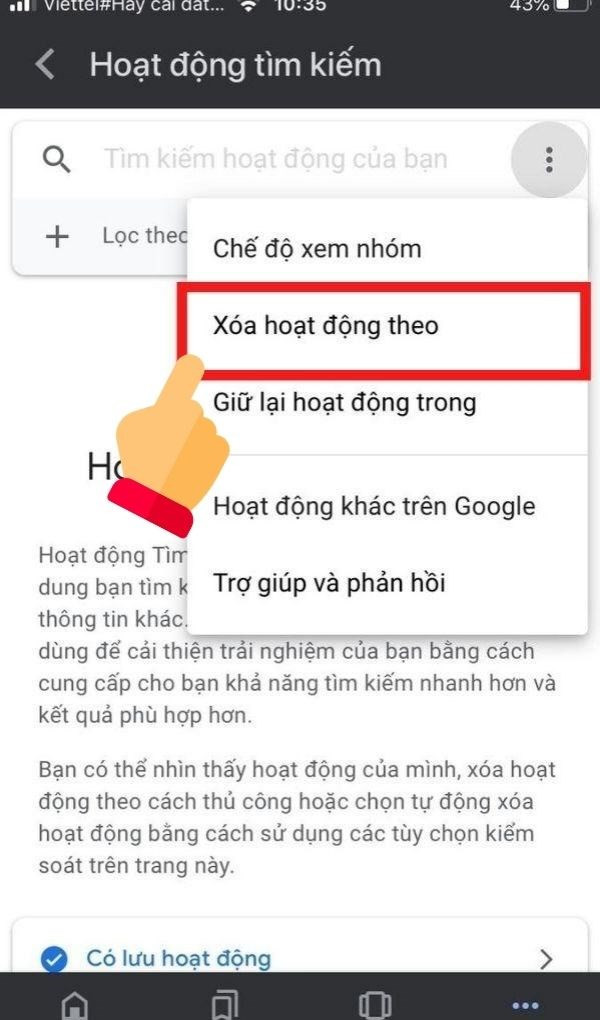 C&aacute;ch x&oacute;a lịch sử từ kh&oacute;a t&igrave;m kiếm tr&ecirc;n Google điện thoại