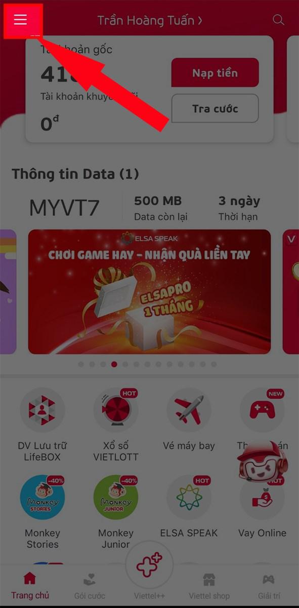 Chọn biểu tượng 3 gạch ngang tr&ecirc;n My Viettel