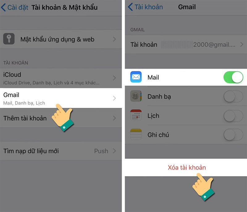 Chọn Gmail cần x&oacute;a v&agrave; X&oacute;a t&agrave;i khoản tr&ecirc;n iPhone