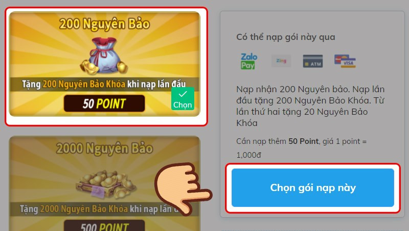 Chọn gói POINT Tân Tiếu Ngạo VNG