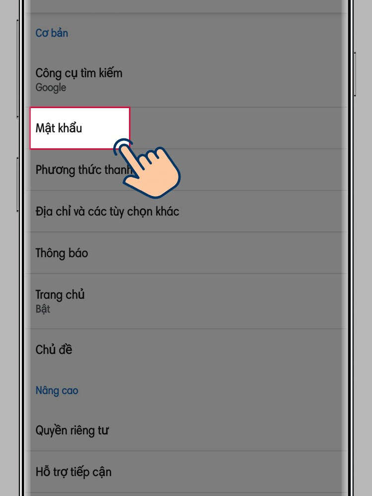 Chọn mục mật khẩu trên điện thoại