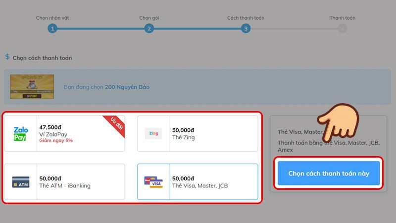 Chọn phương thức thanh toán Tân Tiếu Ngạo VNG