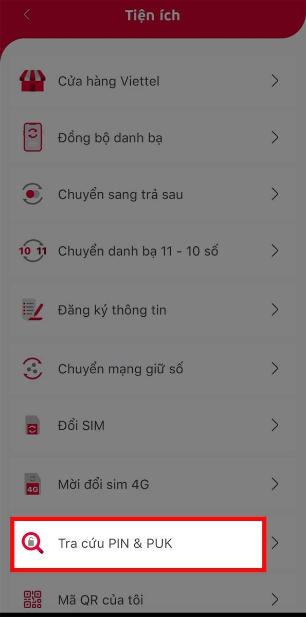 Chọn Tra cứu PIN &amp; PUK