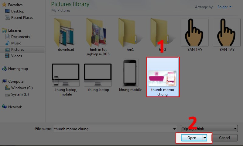 Click chọn ảnh/thư mục ảnh và bấm Open
