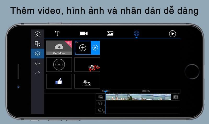 Dễ d&agrave;ng ch&egrave;n th&ecirc;m video, h&igrave;nh ảnh, nh&atilde;n d&aacute;n v&agrave;o video đang chỉnh.