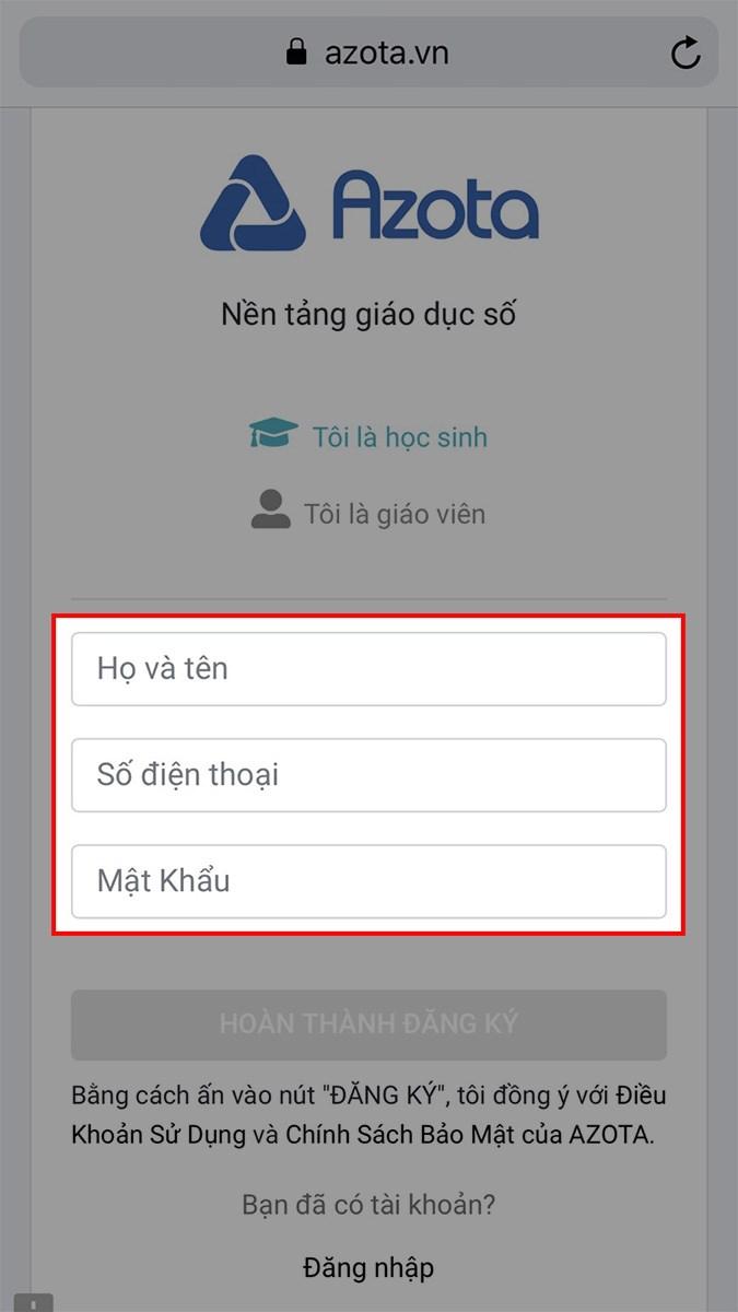 Điền họ tên, SĐT và đặt mật khẩu tài khoản