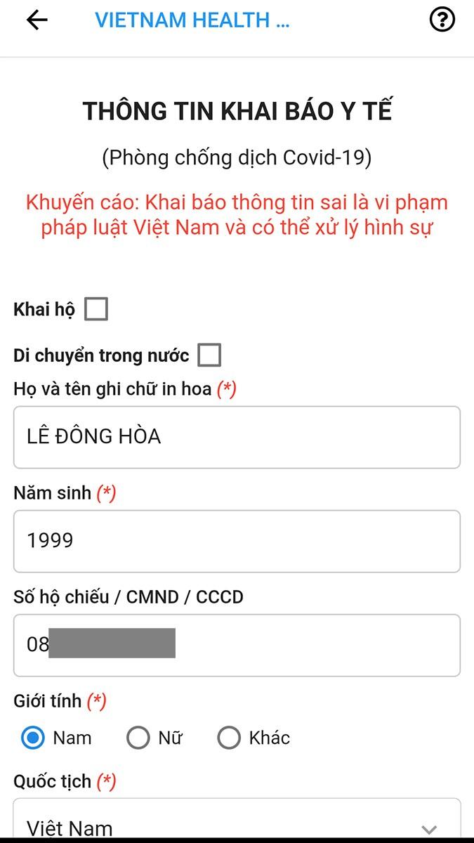 Điền thông tin trên ứng dụng