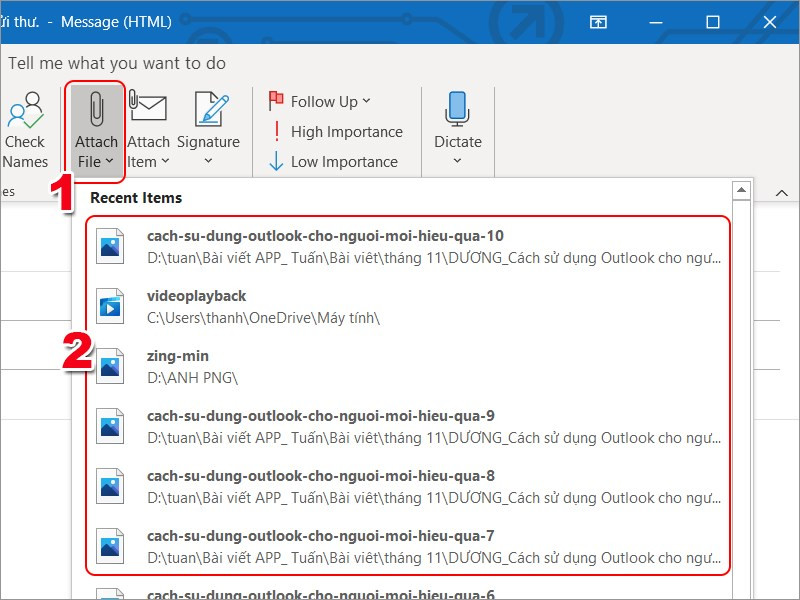 Đính kèm tệp trong Outlook