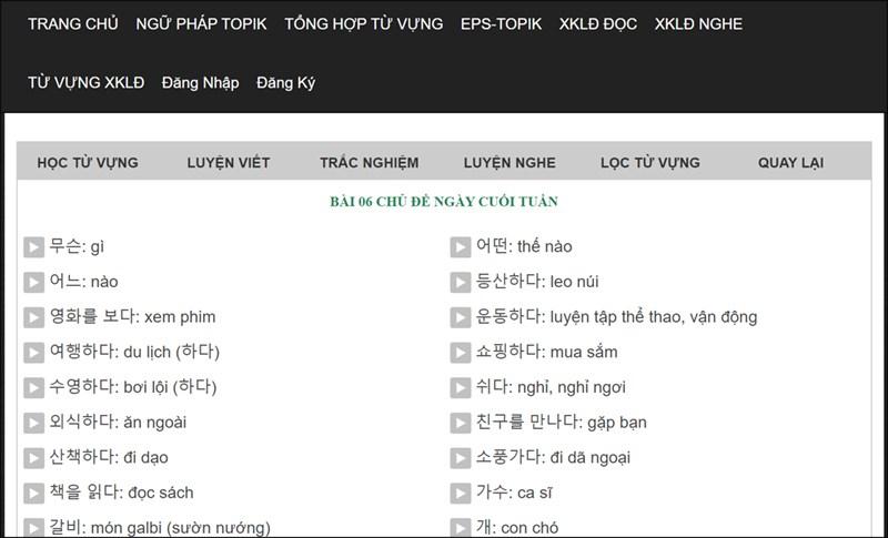 Giao diện học tiếng Hàn trực tuyến với tuvungtienghan