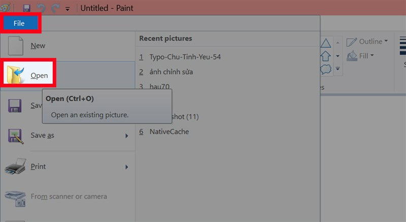 Mở Paint trên máy tính, chọn File > Chọn Open