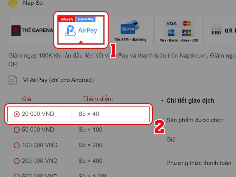 Nạp bằng Airpay