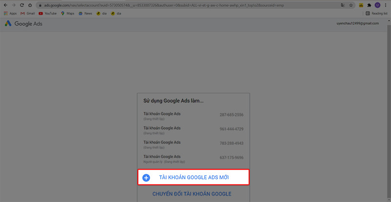 Nhấn chọn tạo t&agrave;i khoản Google Ads mới