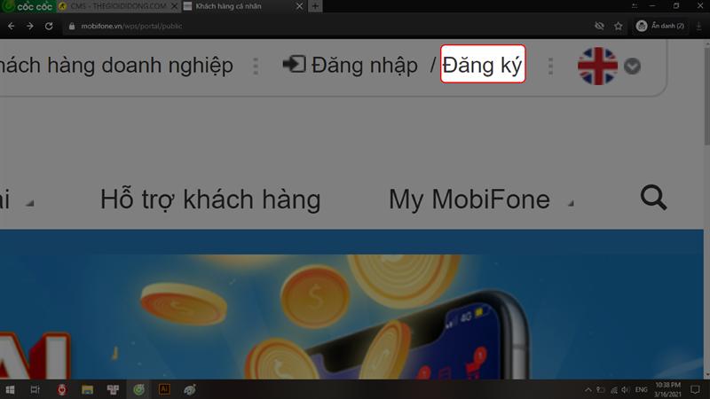 Nhấn Đăng k&yacute; ở g&oacute;c tr&ecirc;n b&ecirc;n phải trang chủ MobiFone