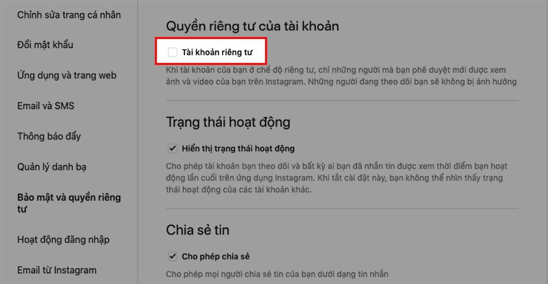 Nhấn dấu tích vào ô vuông tại mục Tài khoản riêng tư