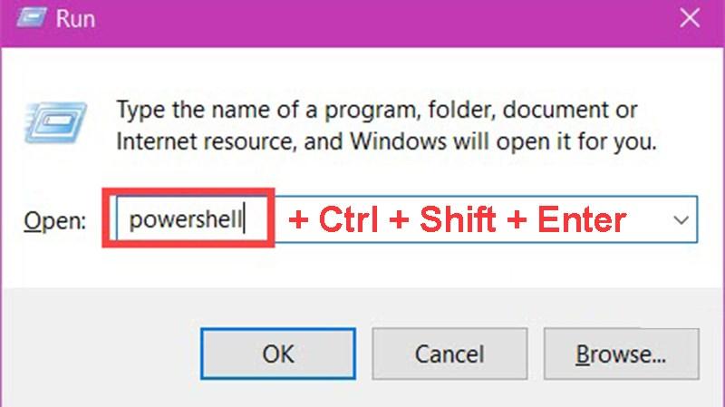 Nhấn tổ hợp phím Windows + R và gõ Powershell, sau đó nhấn tổ hợp phím Ctrl + Shift + Enter