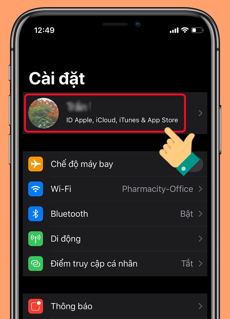 Nhấn vào ID Apple, iCloud, iTunes & App Store