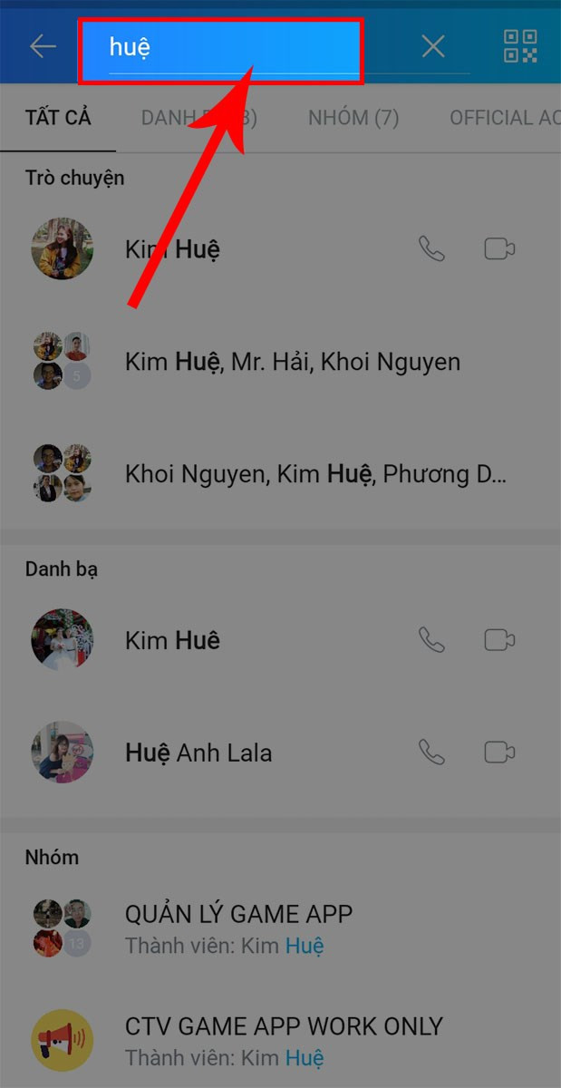 Nhập tên thành viên có trong nhóm chat cần tìm