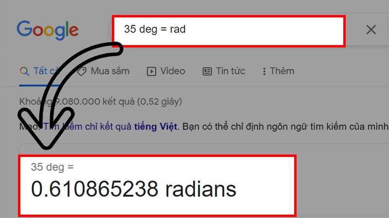 Nhập theo cú pháp "35 deg = rad" rồi nhấn Enter