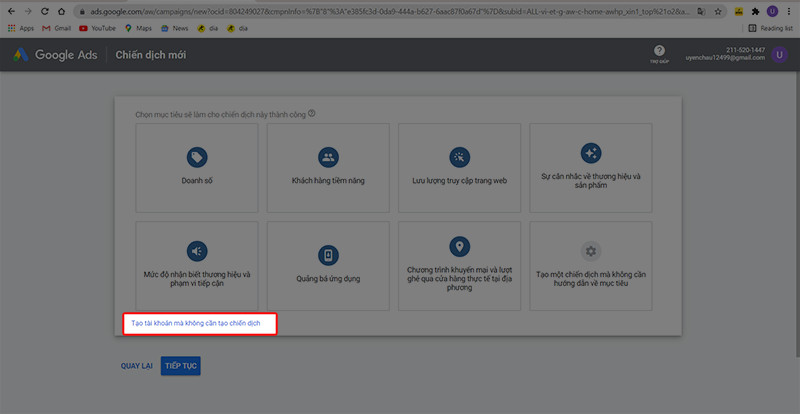 Nhấp v&agrave;o tạo t&agrave;i khoản m&agrave; kh&ocirc;ng cần tạo chiến dịch để tiếp tục