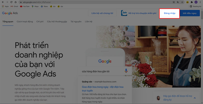 Sau khi truy cập liên kết vào trang web của Google Ads, nhấn đăng nhập