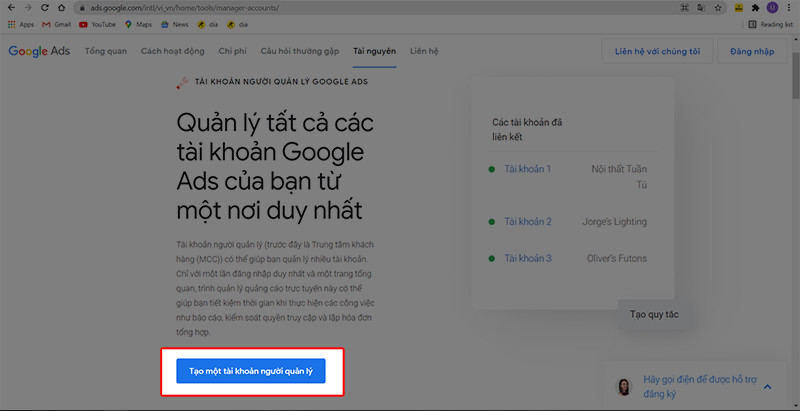 Sau khi truy cập v&agrave;o trang chủ t&agrave;i khoản người quản l&yacute; Google Ads, nhấn chọn tạo một t&agrave;i khoản người quản l&yacute;