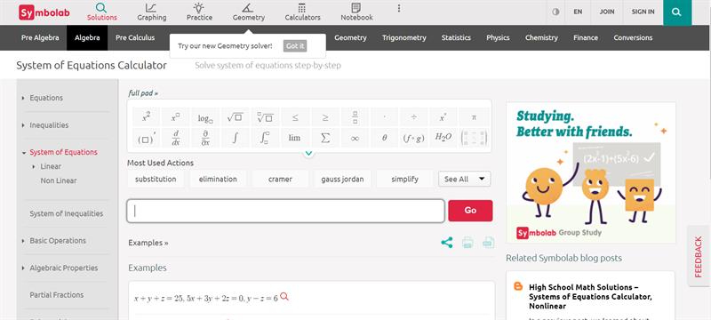 symbolab.com - Giải hệ phương tr&igrave;nh online