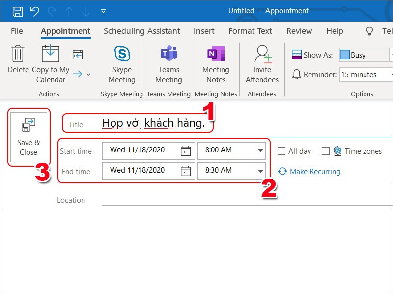 Tạo lịch hẹn trong Outlook