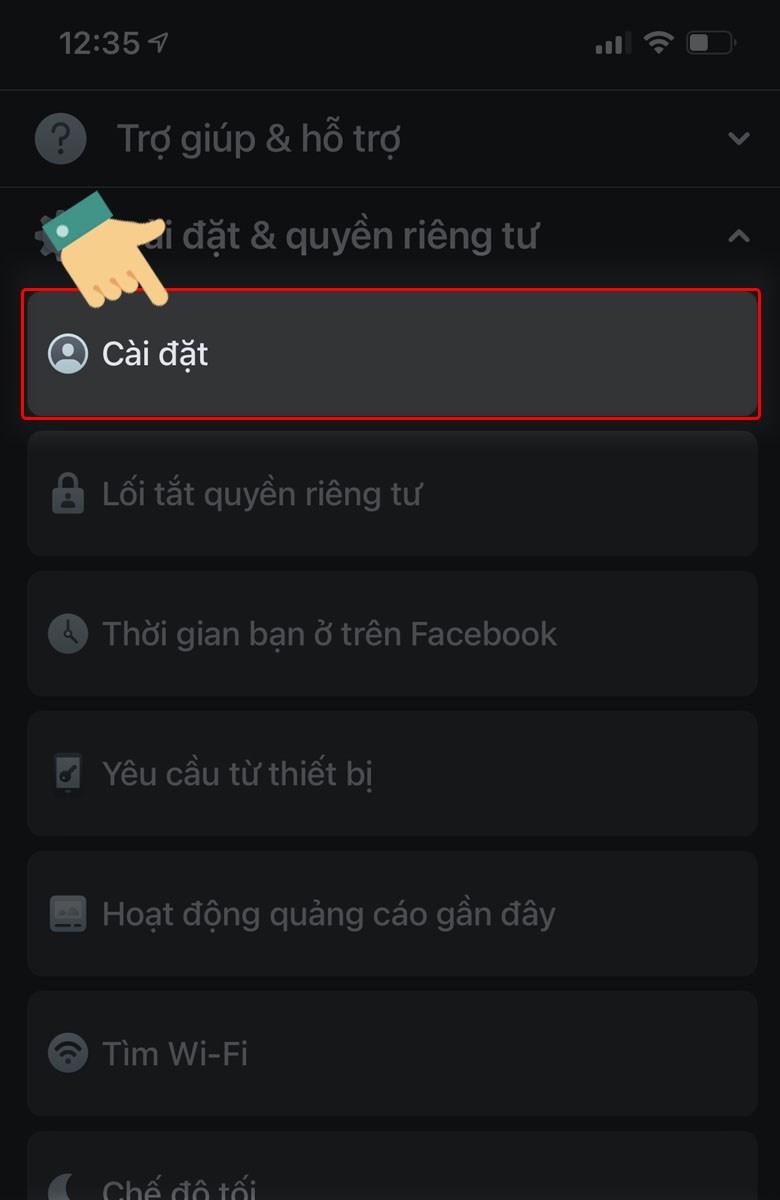 Tiếp tục chọn Cài Đặt