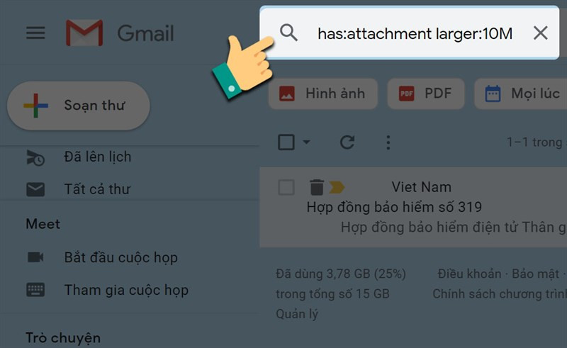 Tìm kiếm email có tệp đính kèm lớn